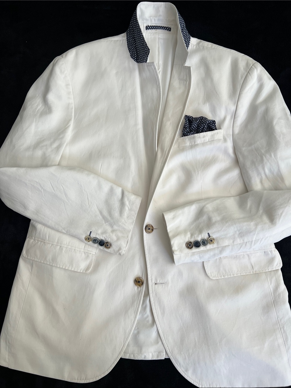 SAND, White Cotton & Linen Blazer with Navy Polka Dot Trim - Picture 7 of 14